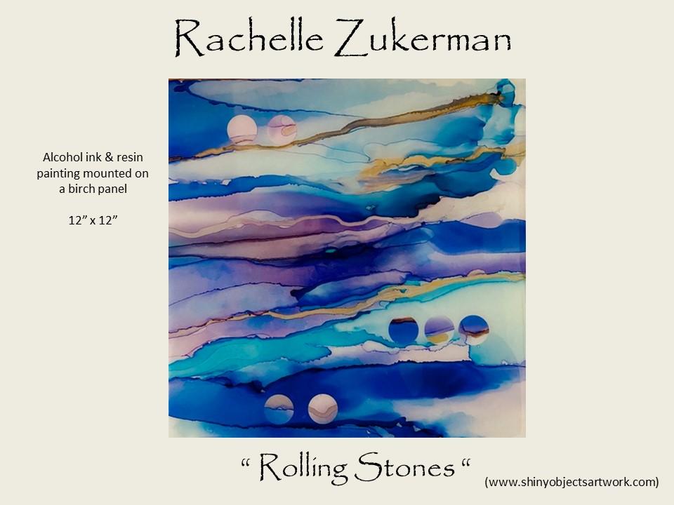 Rachelle Zukerman - "Rolling Stones" - Alcohol ink & resin painting mounted on a birch panel; 12" x 12"