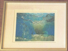 Framed abstract painting in shades of blue and green