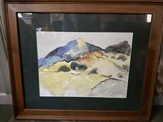 Framed watercolor painting of a mountain landscape