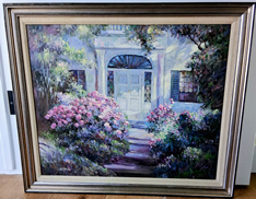 Framed painting of a flower-filled garden leading to a house entrance