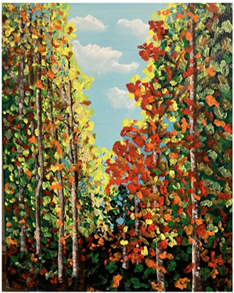 Painting of colorful autumn trees beneath a blue sky