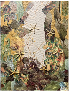 Abstract collage featuring plants, flowers, and layered natural forms