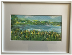 Framed painting of a pond surrounded by green plants and yellow flowers