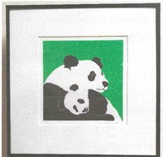 Framed illustration of a panda holding a cub
